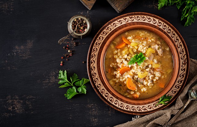 Beef and Barley Soup with Root Vegetables and Mushrooms
