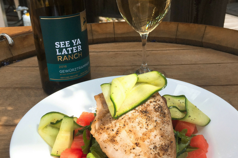 See Ya Later Ranch Gewurztraminer served with grilled tuna steak