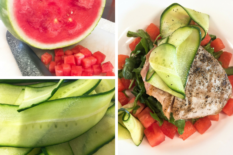 barbecued tuna with melon cucumber and arugula recipe