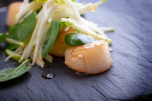 Seared Sea Scallops On Apple & Celery Slaw With Riesling Vinaigrette